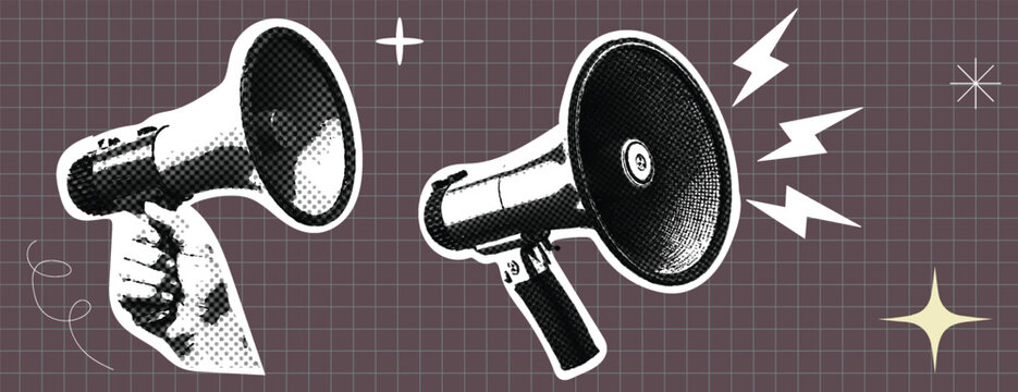 retro vintage pop art style halftone dotted  megaphone black and white color, comic book style hand mic vector illustration for announcement with paper grid background