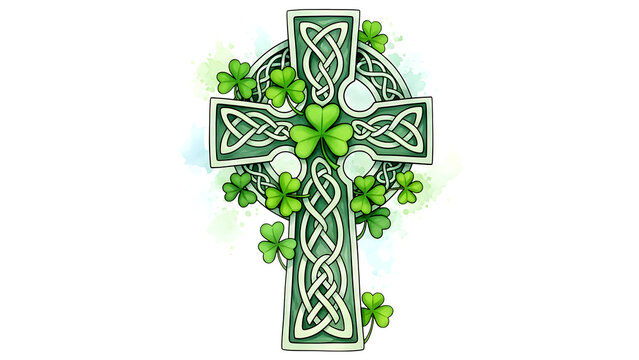 Green Celtic Cross with Intricate Knotwork and Shamrocks on Black Background