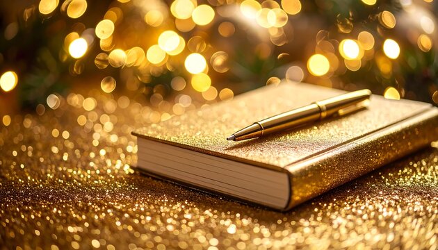 A close-up shot of a glittery gold notebook and pen resting on sparkling surface with a background of out-of-focus yellow lights