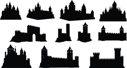 Castle silhouettes, medieval architecture, fortress towers, turret design, battlement walls, fantasy structure, historic buildings, fortified palace, gothic castle, black icon set © Selim Creatives