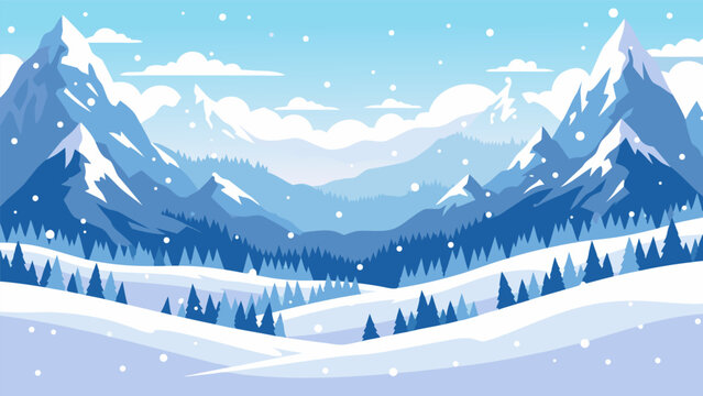Winter mountain landscape with falling snow, a charming vector illustration depicting a serene snowy scene with majestic peaks and evergreen trees