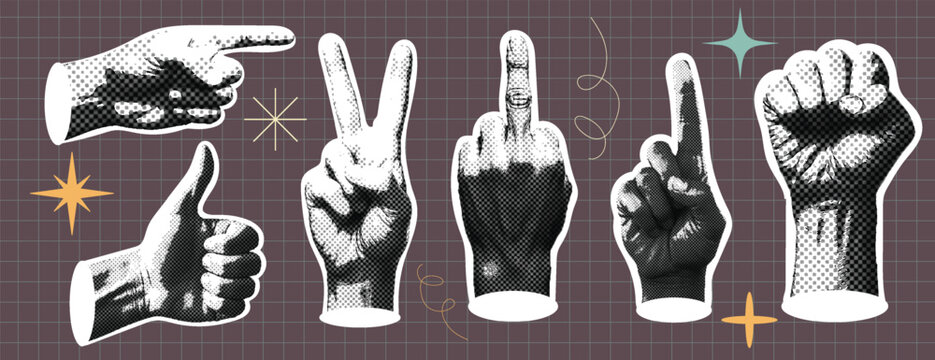 
Vintage Halftone dots Hands signs sticker pack with Retro pop art halftone effect Hand Gestures style, ideal for social media posts, websites, and apparel, retro and digital designs Collection 