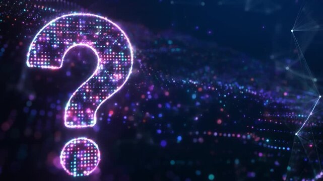 Glowing question mark floating in digital space, futuristic footage representing inquiry and uncertainty.
