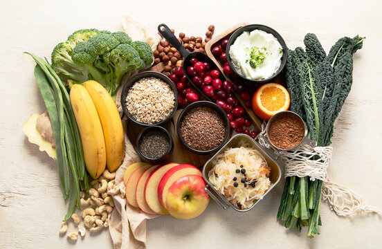 Assortment of foods for healthy gut and digestive system