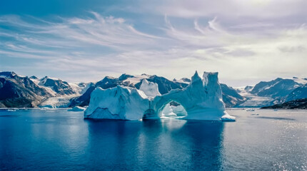 Majestic iceberg with an arch carved by nature floats in the calm arctic ocean waters