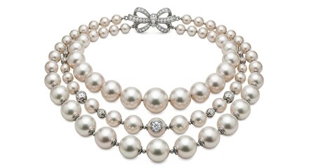 Obraz premium Elegant Three-Strand Pearl Necklace on White Background