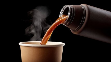 A cup of coffee is poured into a thermos