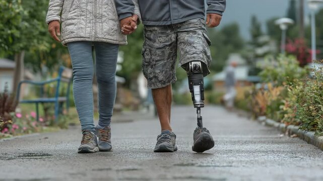 Walking exercises in public parks for individuals with disabilities and handicaps combined with prosthetic legs from amputations and diversity with universal design for improved accessible infrastruct