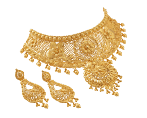 PNG image of Exquisite antique gold choker necklace set featuring intricate floral filigree patterns and matching dangle earrings on transparent background