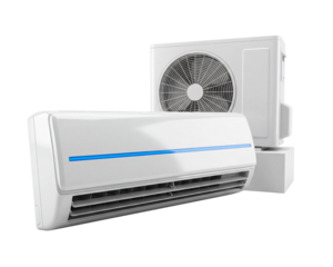 PNG image of Modern white split system air conditioner indoor unit combined with an outdoor compressor on transparent background
