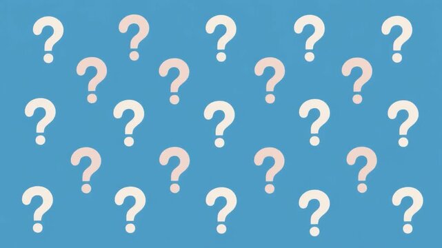 Question marks appearing on a blue background, abstract concept footage.