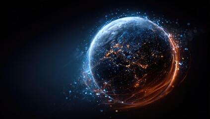 Glowing digital representation of Earth with radiating blue and orange energy around it