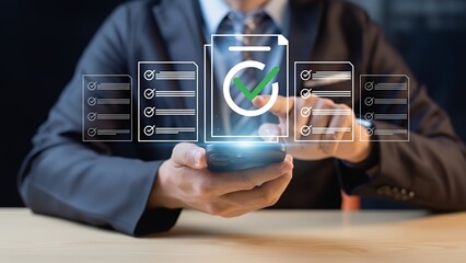 Business professional uses smartphone with digital checklist, an icon of success. Modern business concept of document management and approving work.