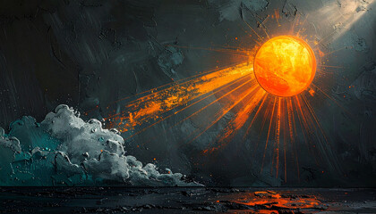 Fototapeta premium Sun painting. Palette knife texture. Orange color. Ray effect. Clouds. Impasto technique. Sky element. Background design. Canvas detail. Art illustration. Painting style. Surface structure.
