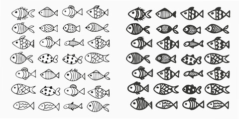 A collection of various black and white fish illustrations in a grid pattern