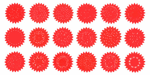 A grid of vibrant red starburst stickers arranged in neat rows and columns