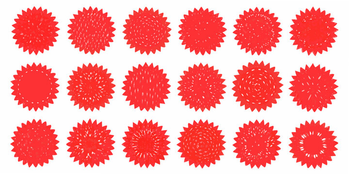 A grid of vibrant red starburst stickers arranged in neat rows and columns - Powered by Adobe