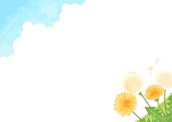 水彩のタンポポと青空の背景イラスト