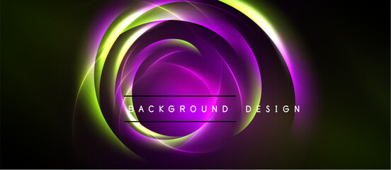 Abstract design features vibrant concentric circles. Purple, green, yellow hues blend against black backdrop. Modern, dynamic visual element.