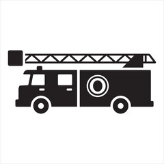 Black flat vector silhouette icon of a fire truck with ladder for emergency rescue services firefighting department equipment isolated on white background.