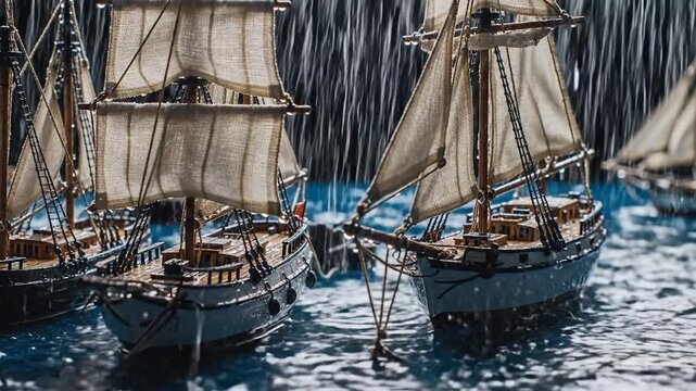 Miniature sailboats navigate choppy waters in heavy rain, with focused detail on the rigging