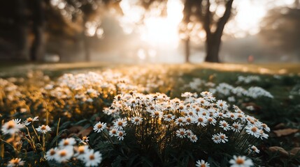 A field of white flowers with a bright sun shining on them