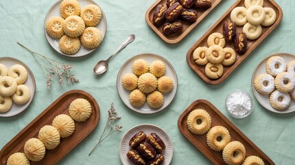 Traditional Eid Sweets and Pastries Flat Lay on Table