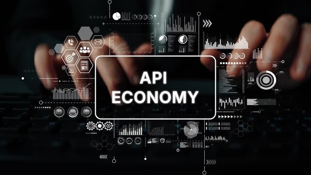 Modern Business Concept of API Economy with Data Visualization and Technology Graphs in Background. Asymptotic smart data analytic.