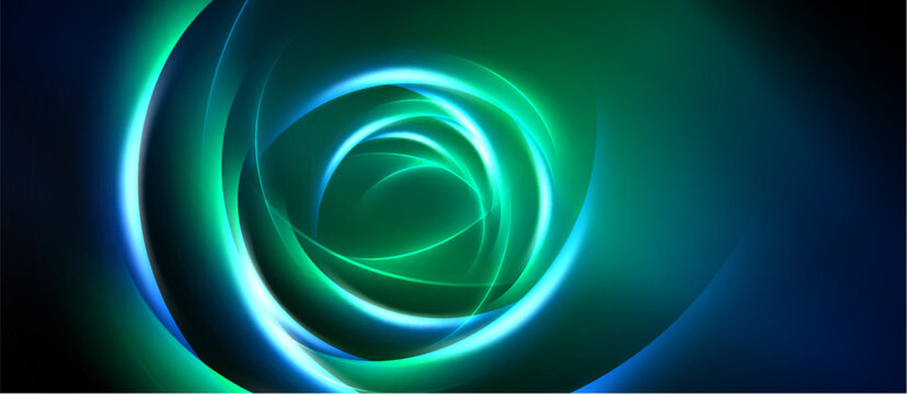 Abstract swirls, vibrant blues, greens create luminous tunnel effect. Dark background emphasizes glowing center. Smooth gradients define shapes.