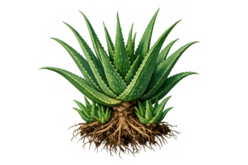 Aloe vera succulent plant with green leaves, visible root system, and growing pups on a transparent background