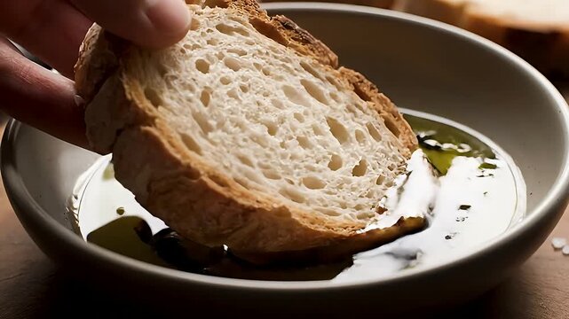 Close-up of a slice of crusty bread being dipped into a bowl of rich olive oil, a simple and delicious appetizer