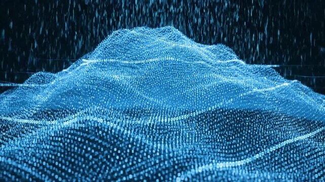 Abstract digital landscape of flowing data particles forming wave-like mountains in neon blue