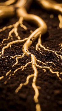 Detailed Macro View Of Growing Plant Roots Expanding Deep Into Dark Soil
