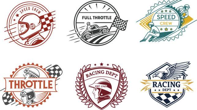 Vintage racing emblems for speed crew, full throttle, and racing department with checkered flags. Vintage Racing Badge Logo Set for Motorsport Brands
