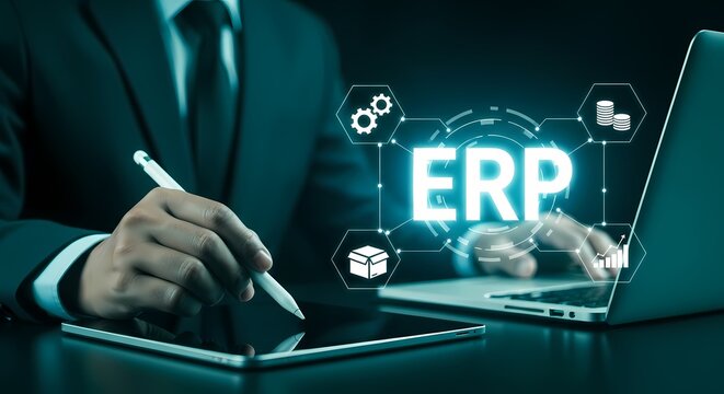 Digital ERP System Integration. Businessman working on Enterprise Resource Planning interface managing finance, logistics, and data processes.