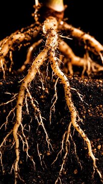 Detailed Macro View Of Plant Roots Growing In Dark Soil With Black Background