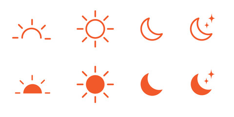 Sun and moon icons set. Dark and light mode symbol. Daytime sunset, sun, moon icon set. Vector stock illustration