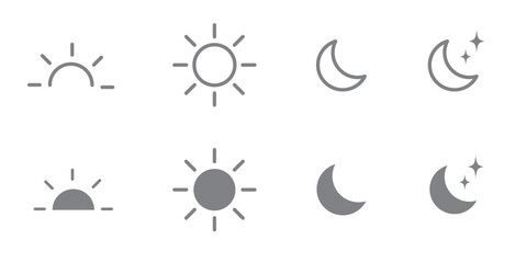 Sun and moon icons set. Dark and light mode symbol. Daytime sunset, sun, moon icon set. Vector stock illustration