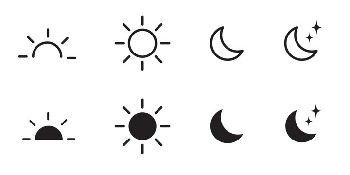 Sun and moon icons set. Dark and light mode symbol. Daytime sunset, sun, moon icon set. Vector stock illustration