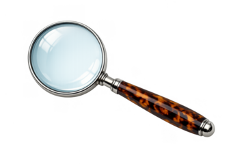 Magnifying glass with tortoise shell handle, symbolizing research, investigation, discovery, and detailed analysis
