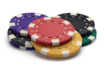 Naklejka premium Stack of colorful casino chips in purple, red, black, yellow, and green, isolated on white