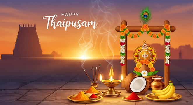 Happy Thaipusam Festival Pooja Setup with Oil Lamp and Kavadi Decoration