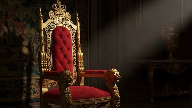 Luxury royal throne chair with red velvet upholstery and dramatic dark lighting
