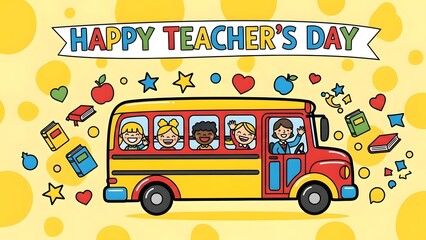 Happy Teacher&rsquo;s Day Cute Cartoon School Bus Illustration for Kids Education Celebration