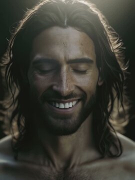 Vertical video of a realistic portrait of Jesus Christ looking directly. Generative AI content