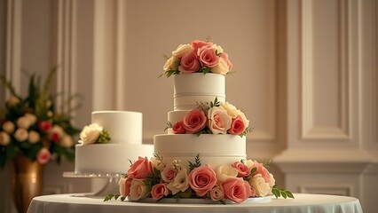 Elegant wedding cake adorned with floral decorations under soft overhead lighting.
