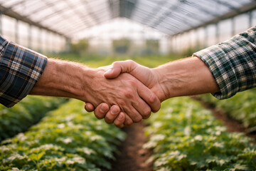 Farmers Shaking Hands in Greenhouse: Agriculture Partnership