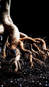 Detailed Roots Growing In Soil With Black Background, Showing Texture And Nature