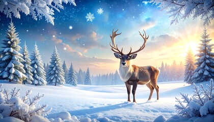 A majestic reindeer stands in a snow-covered landscape with frosted evergreen trees. The sun glows brightly through the snowy scene