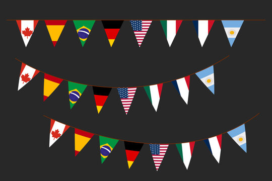 Diverse International Flags in a Festive Bunting Arrangement Against a Dark Backdrop
